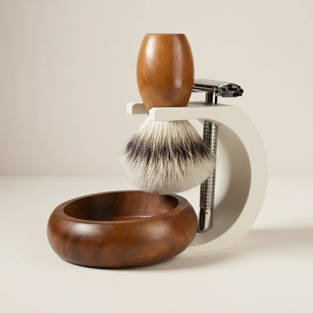 Stuga complete shaving kit with wooden bowl, brush, and razor on a white stand.