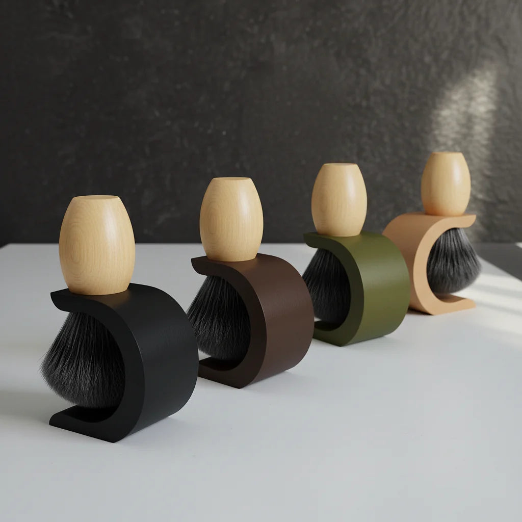 Four Stuga shaving and wave brush stands in black, brown, olive green, and natural wood, each holding a brush with a light wo