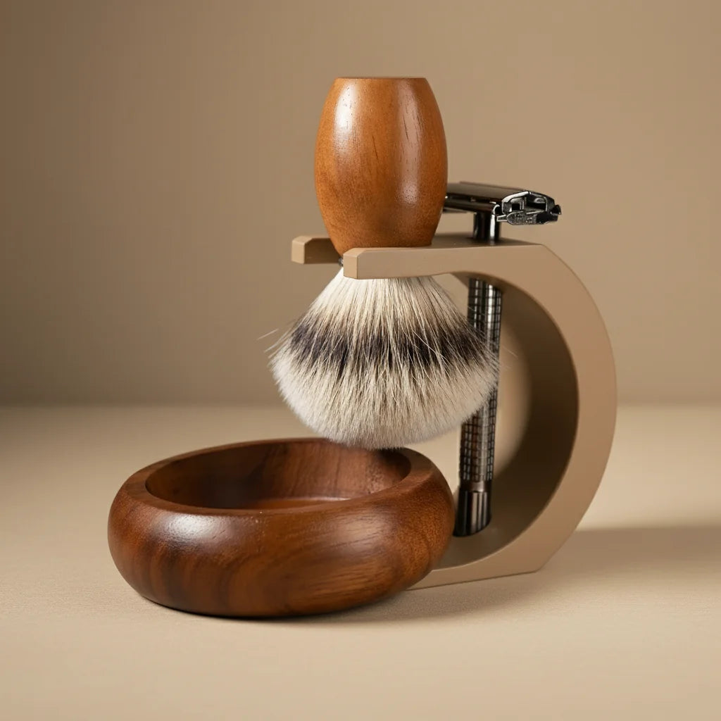 Stuga complete shaving kit with wooden bowl, brush, and razor on a beige stand.