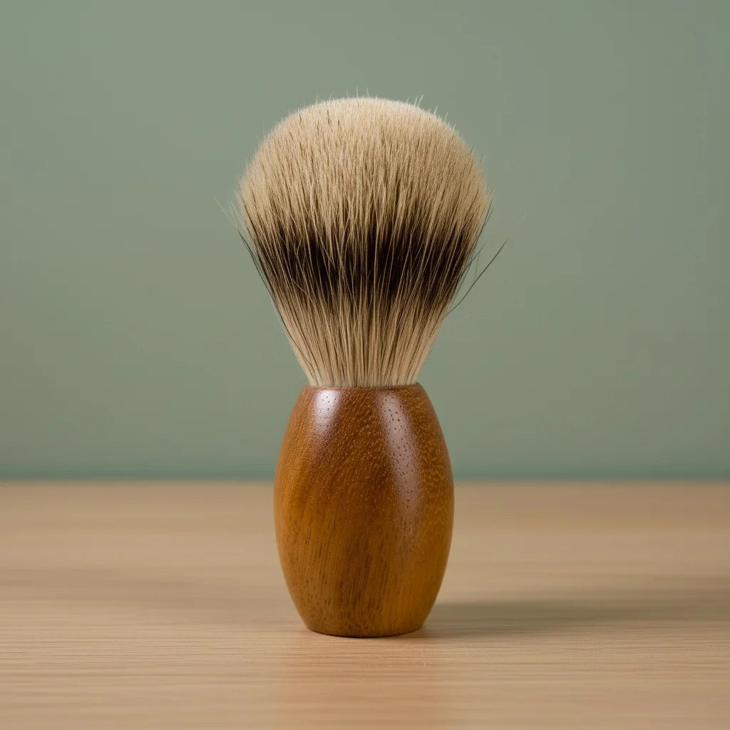 2nd grade badger bristle shaving brush with a smooth, polished teak wood handle, standing upright on a wooden surface.