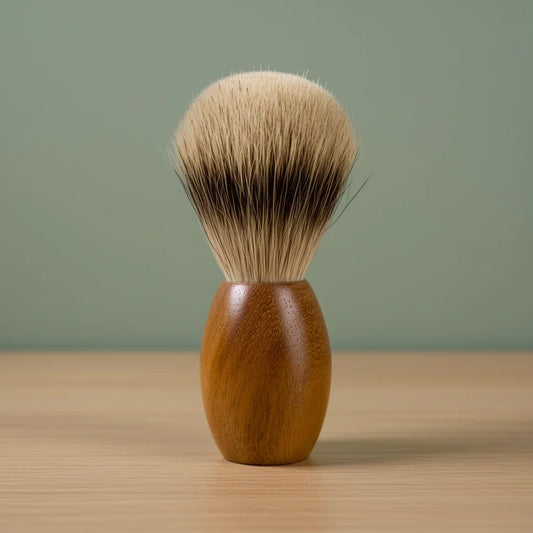 2nd grade badger bristle shaving brush with a smooth, polished teak wood handle, standing upright on a wooden surface.