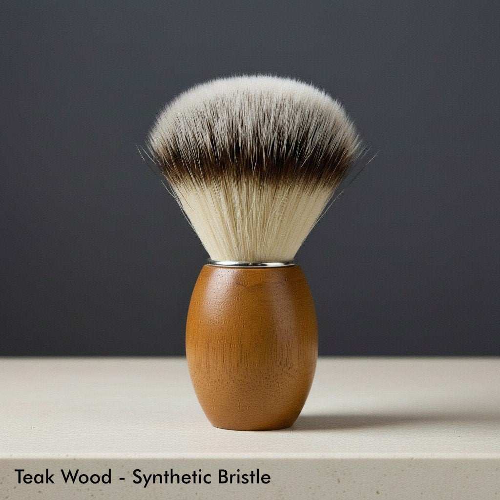 Teak wood shaving brush with soft, two-tone synthetic bristles, ideal for lathering.