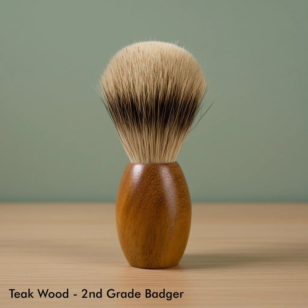 Premium shaving brush with a smooth teak wood handle and soft 2nd grade badger bristles for a rich lather.