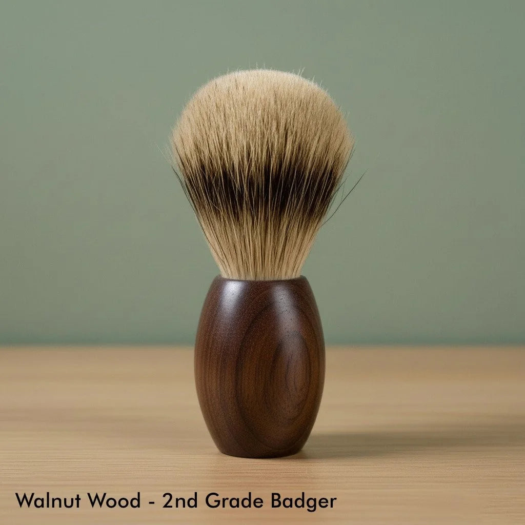 2nd grade badger bristle shaving brush with a dark walnut wood handle, standing upright on a wooden surface.