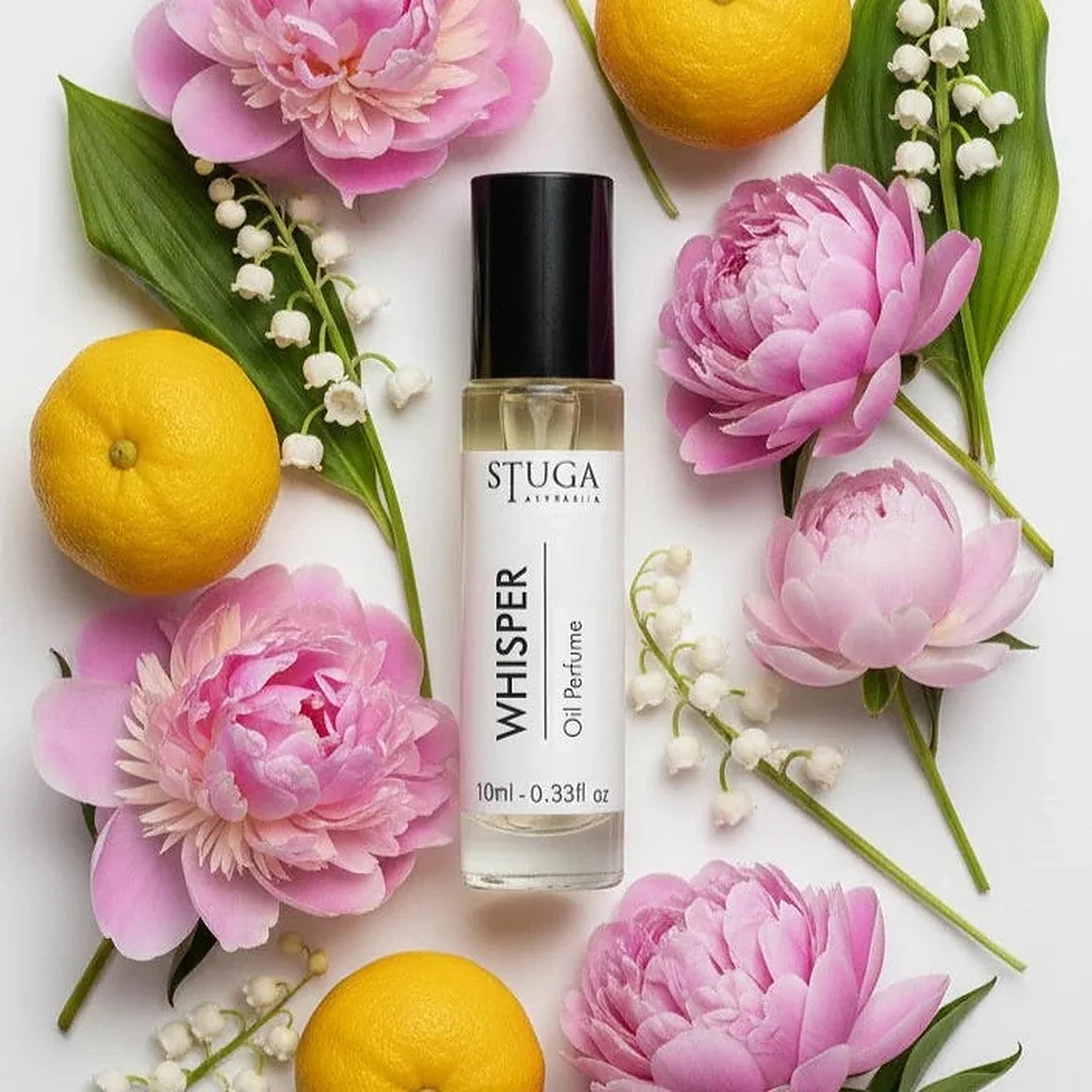 Whisper oil perfume by Stuga with floral and citrus accents, 10ml glass bottle