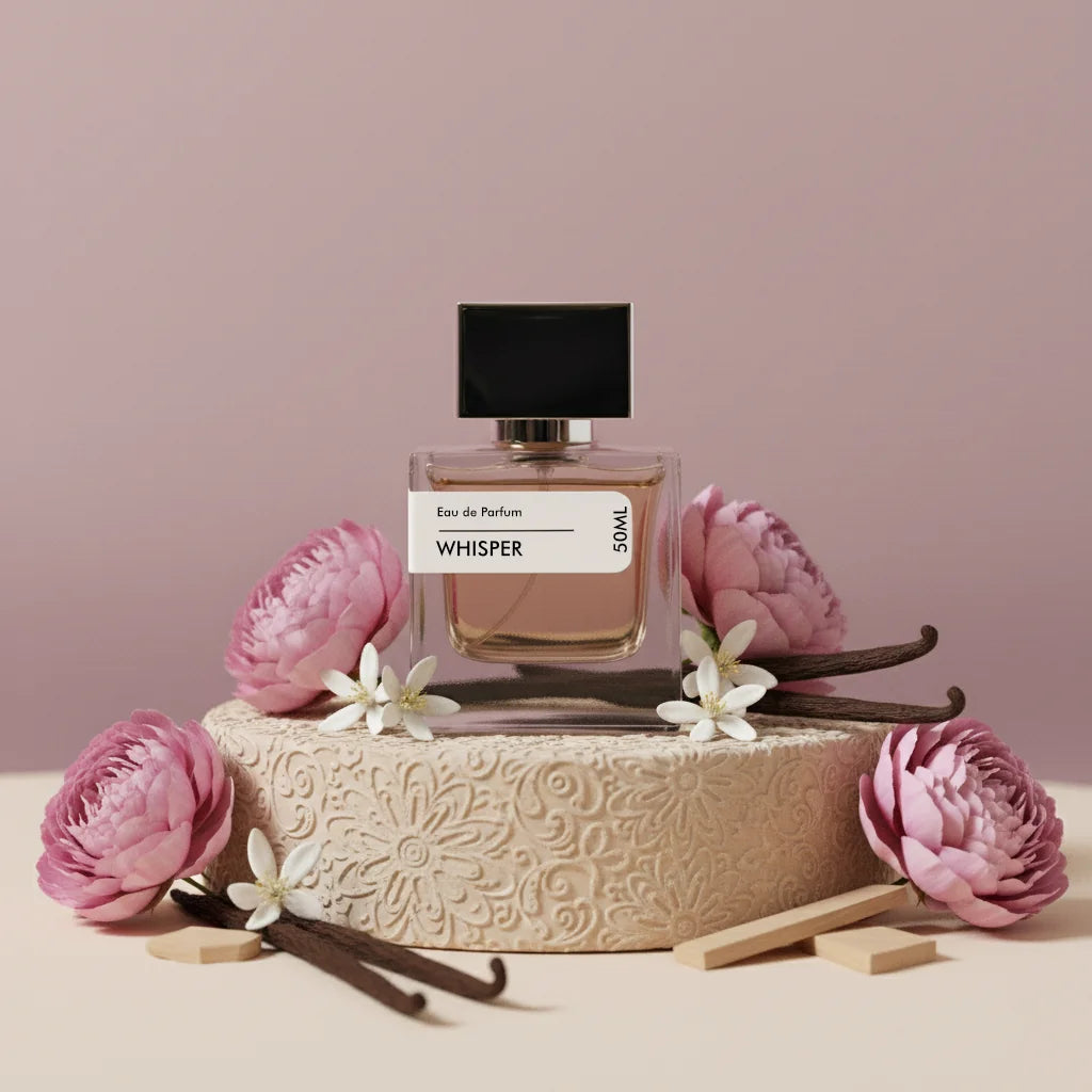 Whisper Eau de Parfum 50ml bottle with black cap, surrounded by pink peonies, white flowers, and vanilla pods on an ornate be
