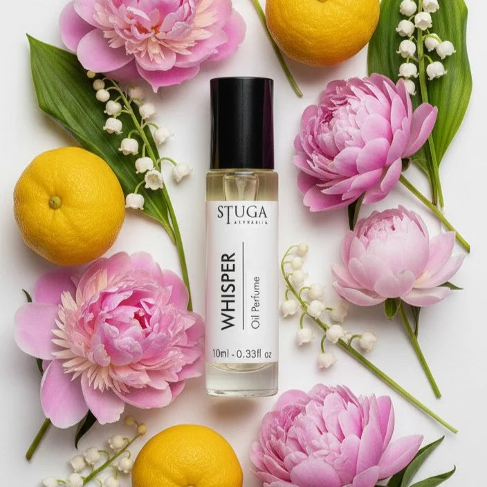 Whisper oil perfume by Stuga with floral and citrus accents, 10ml glass bottle