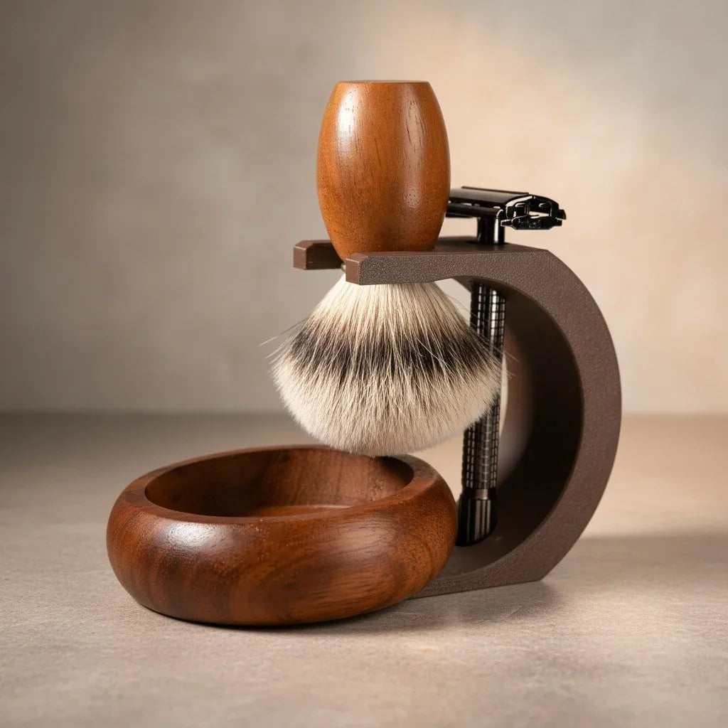 Elegant wooden shaving kit with badger brush, safety razor, and bowl on a dark brown stand.