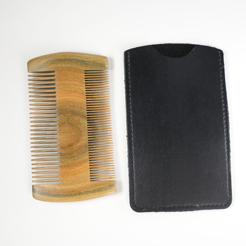 Dual-sided wooden pocket comb with fine and wide teeth and black leather protective carrying case