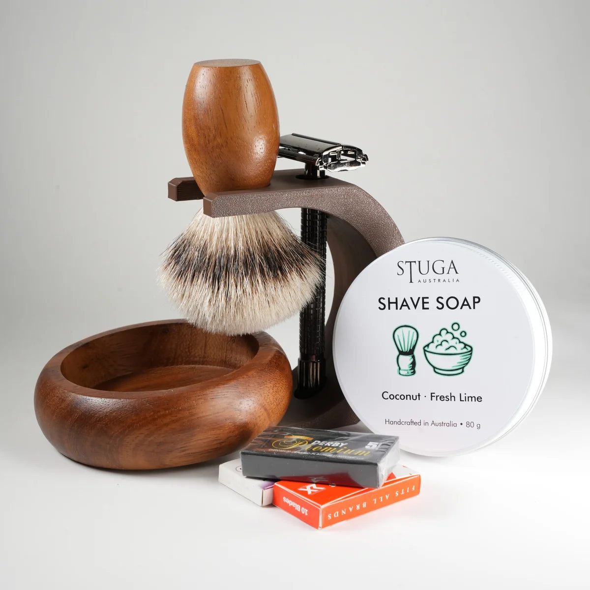 Wooden shaving brush and bowl set with coconut fresh lime shave soap and razor blades for traditional wet shaving