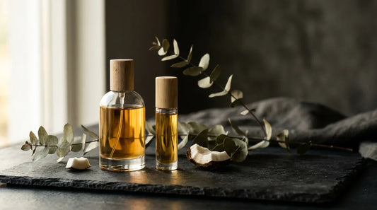 Two perfume bottles on charcoal slate — spray and roll-on with amber liquid, eucalyptus and coconut shell props
