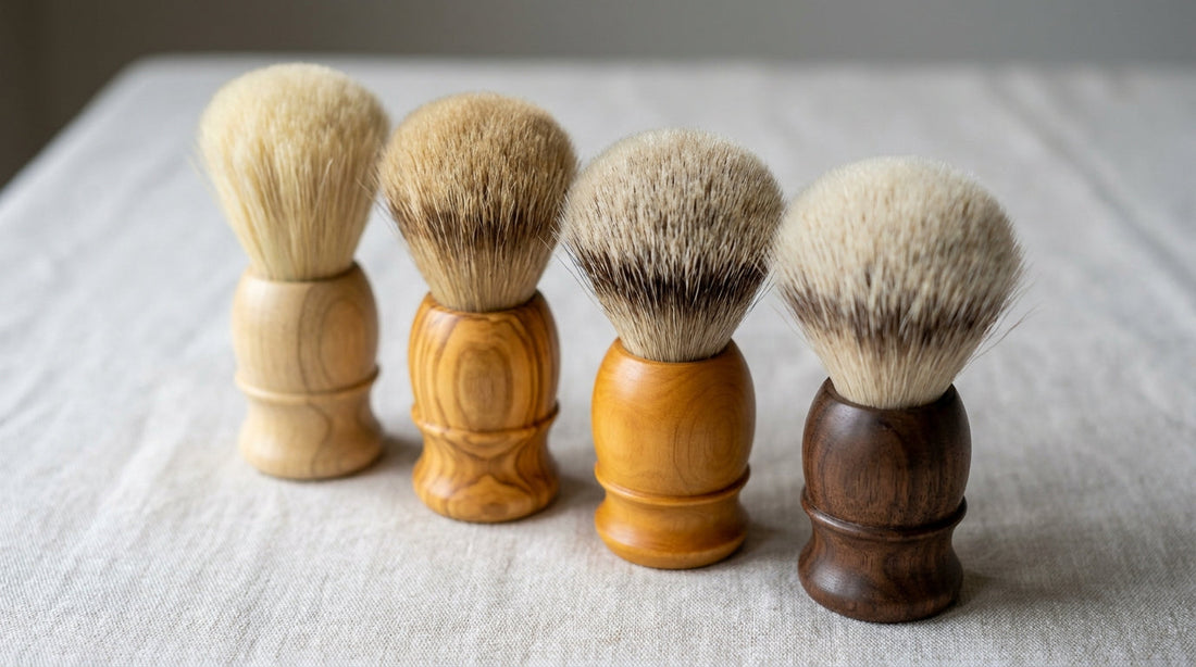 Four handmade shaving brushes in a row showing badger grades from pure to silvertip, each with a hand-turned timber handle