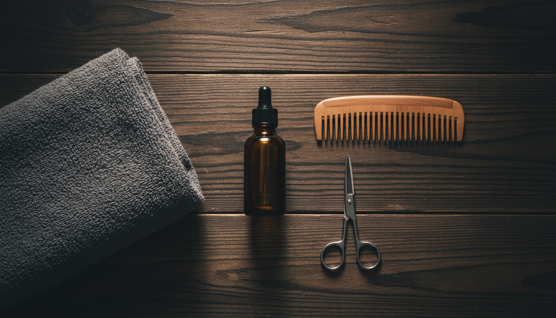 Beard grooming essentials flat lay on dark timber: beard oil, wooden comb, scissors, and grey towel