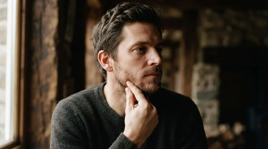 Man inspecting a patchy three-week-old beard in the bathroom mirror, deciding whether to keep growing it