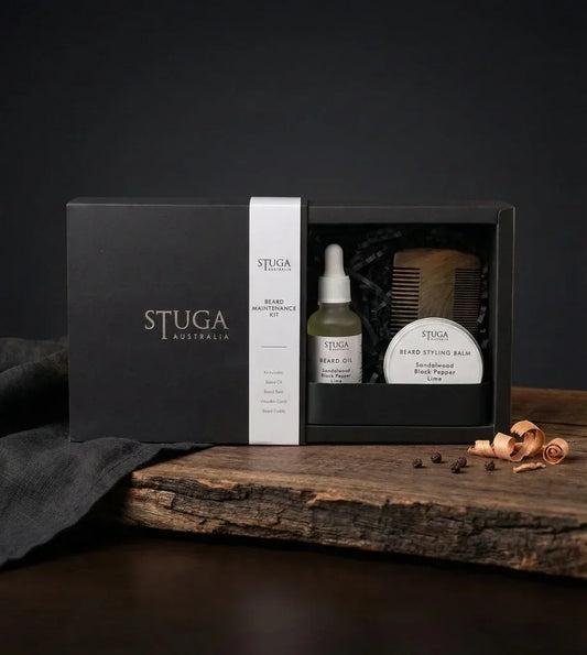Stuga Beard Maintenance Kit — beard oil, balm, comb and caddy for daily beard care