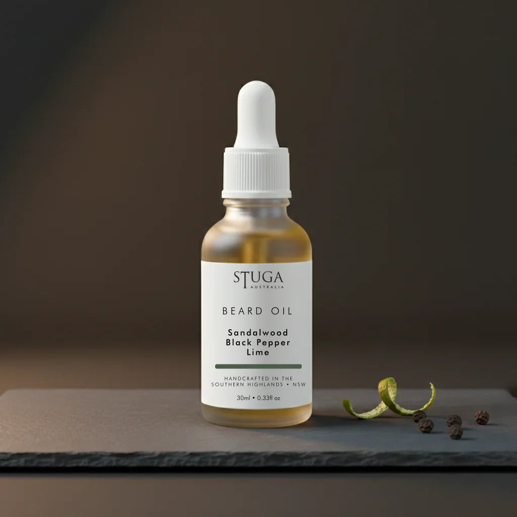 Stuga Australia beard oil in glass dropper bottle, sandalwood black pepper and lime scent