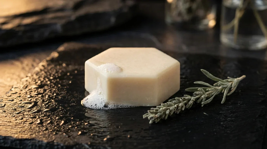 Hexagonal beard wash block with lather bubbles on dark wet slate