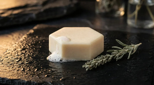 Hexagonal beard wash block with lather bubbles on dark wet slate