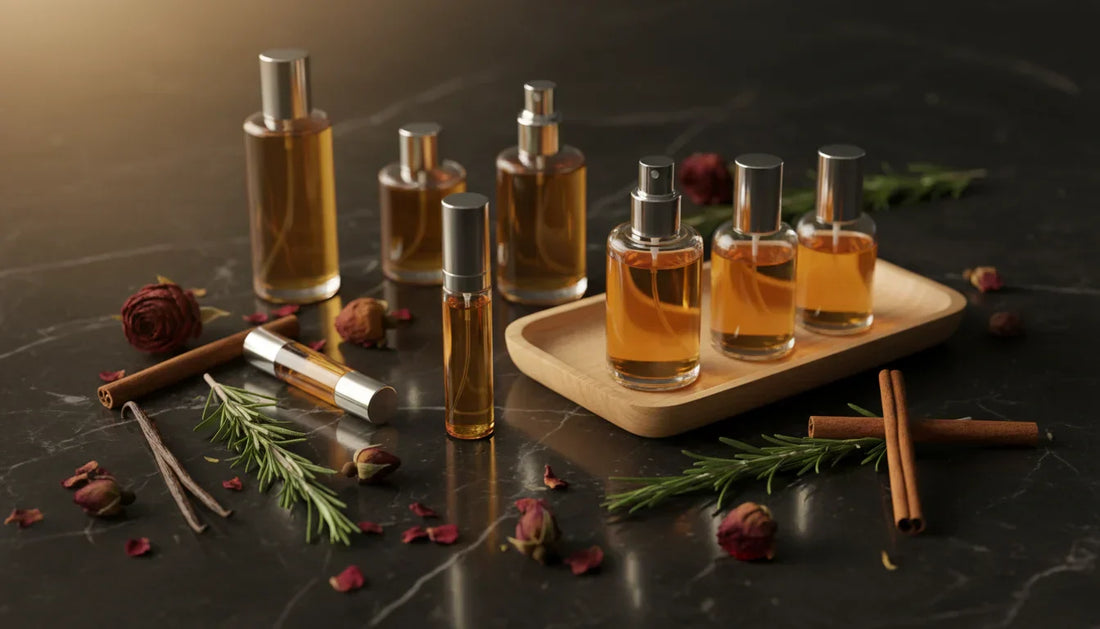 Australian handmade perfume collection — glass spray bottles and roll-ons with botanicals on dark marble
