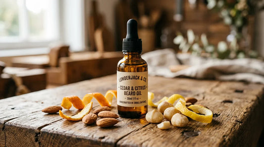 Amber glass beard oil dropper bottle on timber surface with almonds, macadamia nuts and citrus peel