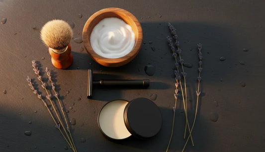 Wet shaving kit flat lay — badger brush, timber lathering bowl, safety razor and artisan soap