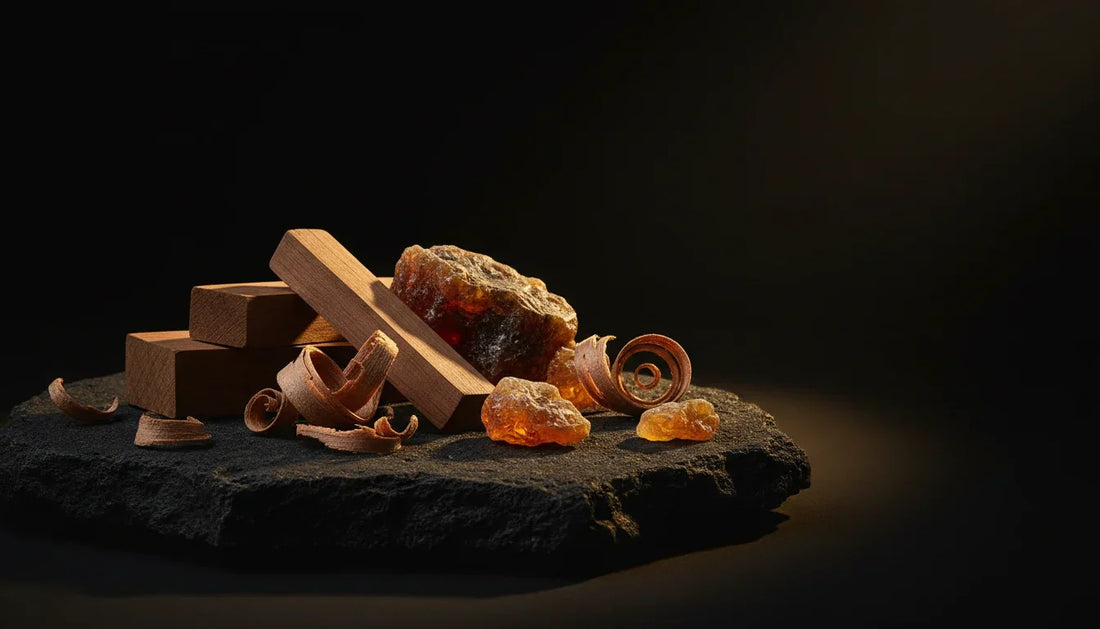 Sandalwood blocks, amber resin, and cedar wood shavings on black stone - woody perfume ingredients