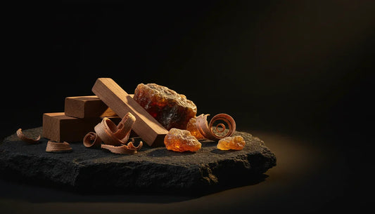 Sandalwood blocks, amber resin, and cedar wood shavings on black stone - woody perfume ingredients