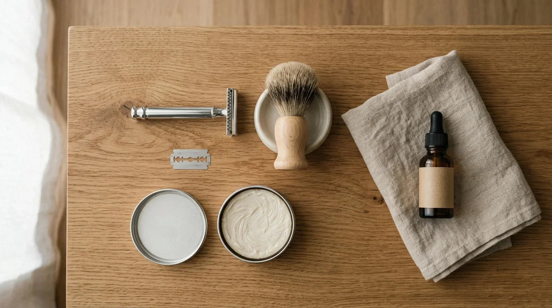 Complete wet shaving routine flat lay — safety razor, badger brush, shaving soap puck, pre-shave oil and linen towel on an oak bench