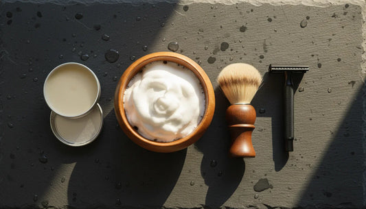 Overhead wet shaving setup — lather bowl, shaving brush, safety razor and artisan soap on slate
