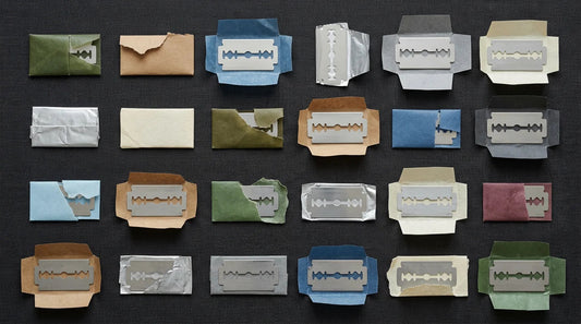 Assorted double edge razor blades in coloured wax paper wrappers arranged in rows — a typical blade sampler pack
