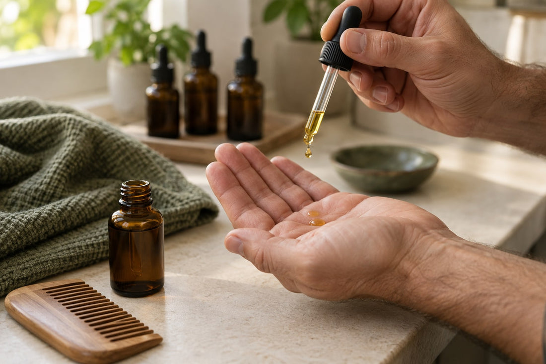 Measuring beard oil drops into a palm beside amber bottles, a wooden comb and a sage green towel in warm window light.