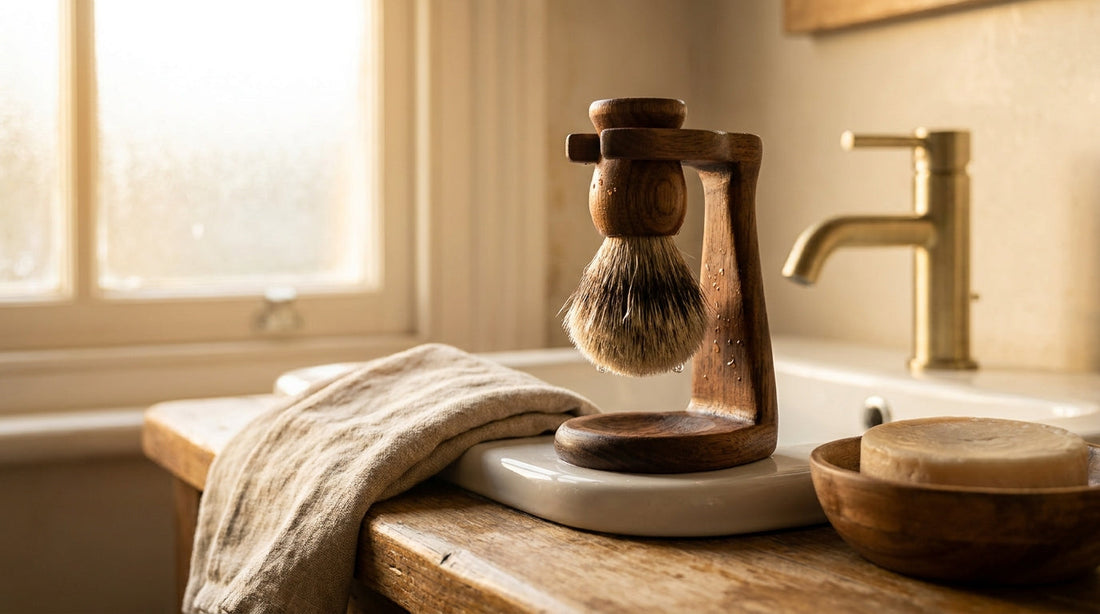 Badger shaving brush drying upside-down on a timber stand beside a basin with brass tap and a puck of artisan shaving soap