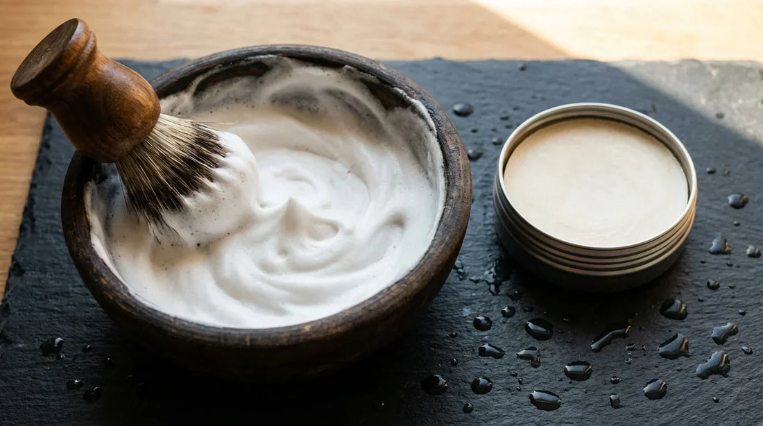 Shaving brush building creamy lather in a timber bowl next to an open soap tin