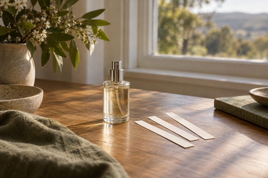 An unbranded perfume spray bottle and three scent blotters on a timber table in window light