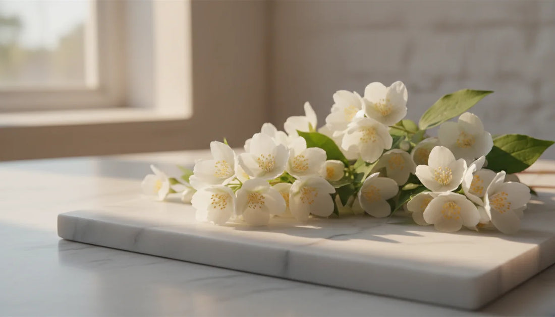 Fresh jasmine flowers on white marble surface with warm morning light — jasmine perfume guide