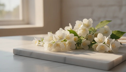Fresh jasmine flowers on white marble surface with warm morning light — jasmine perfume guide