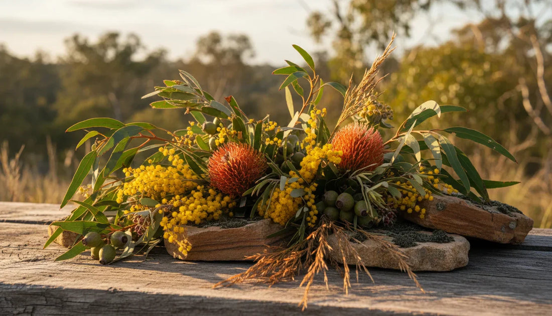 Australian native botanicals including eucalyptus, banksia and wattle arranged on timber - natural perfume ingredients