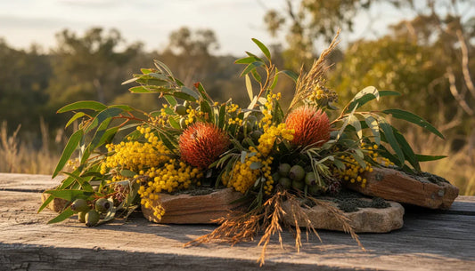 Australian native botanicals including eucalyptus, banksia and wattle arranged on timber - natural perfume ingredients