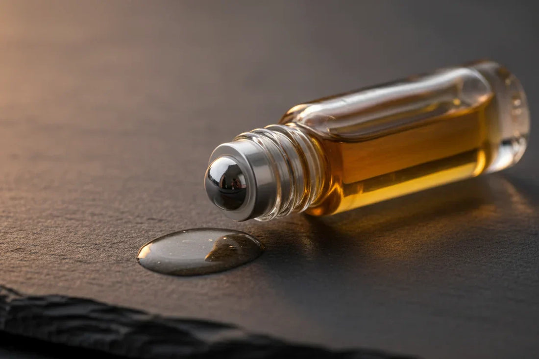 Glass perfume oil roll-on bottle with steel rollerball and golden oil on dark stone surface