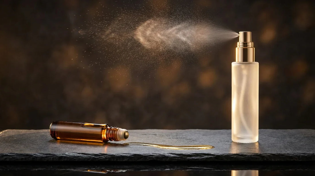 Luxurious editorial perfume photography showing amber glass roll-on perfume oil bottle and frosted glass eau de parfum spray bottle side by side on dark polished stone with warm golden backlight