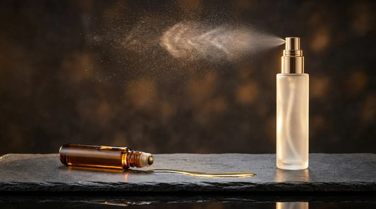 Luxurious editorial perfume photography showing amber glass roll-on perfume oil bottle and frosted glass eau de parfum spray bottle side by side on dark polished stone with warm golden backlight
