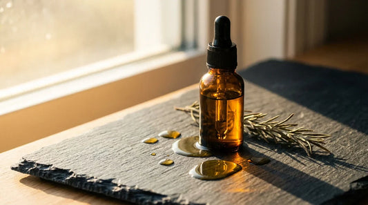 Amber glass dropper bottle of pre-shave oil with golden oil drops on slate