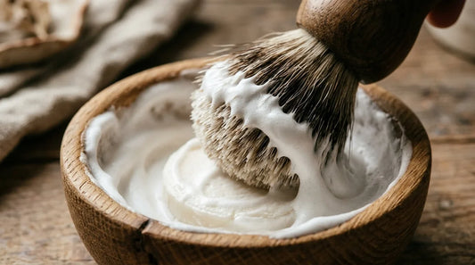 Badger shaving brush loading thick cushioning lather from a soap puck in a timber bowl — brush lathering helps prevent razor bumps and ingrown hairs