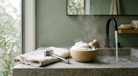 Safety razor, linen towel and a timber bowl of shaving lather beside a running tap — calm wet shave setup that prevents razor burn
