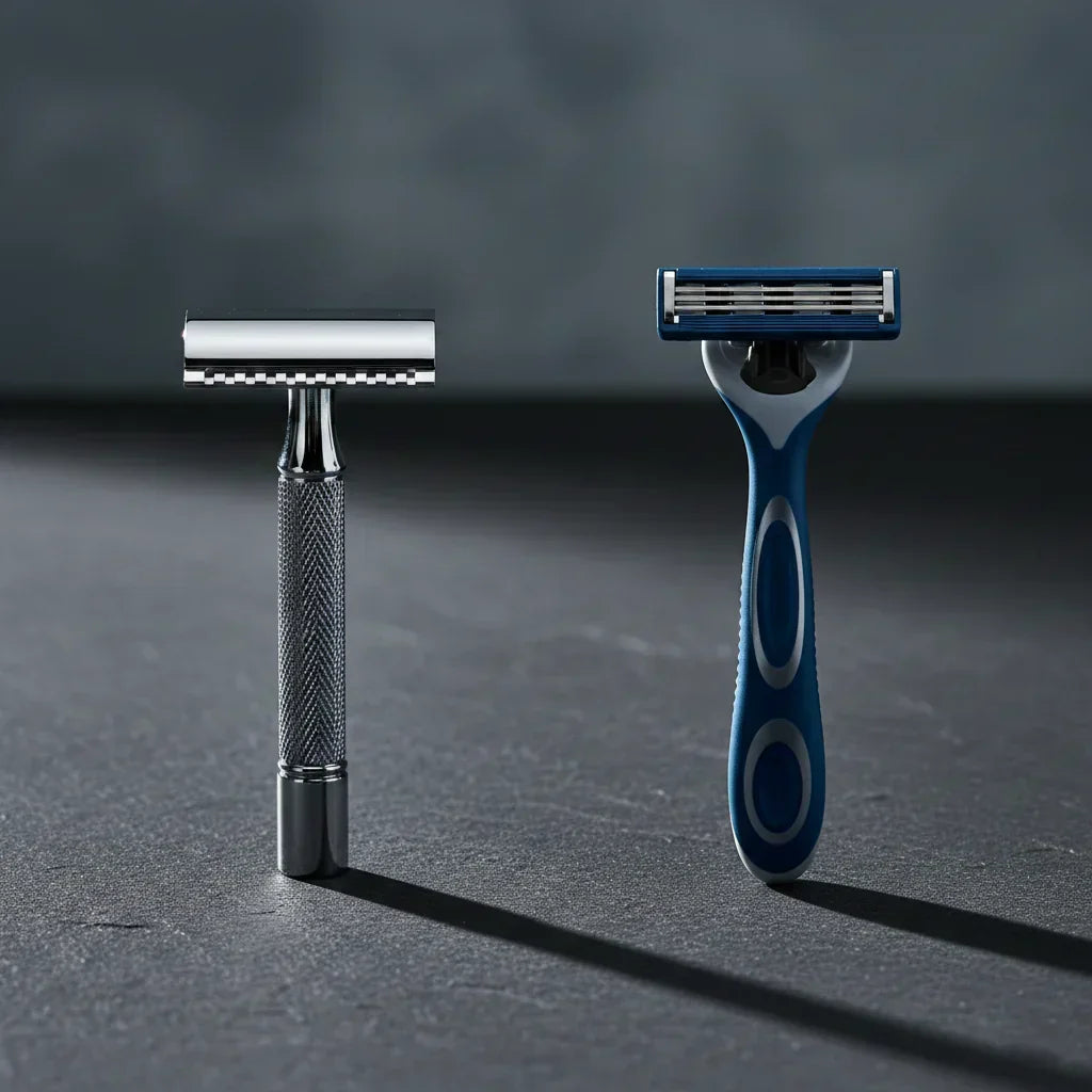 Chrome double edge safety razor next to a blue multi-blade cartridge razor on dark surface