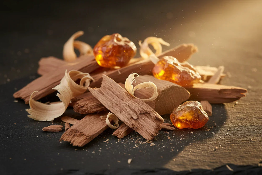 Sandalwood chips and amber resin on dark slate with warm golden backlight — sandalwood perfume guide