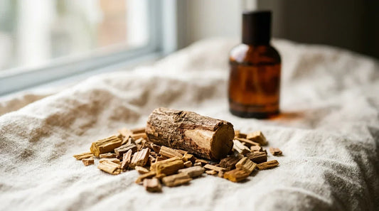 Raw Australian sandalwood chips and a small piece of sandalwood log on cream linen with a dark amber perfume bottle softly out of focus