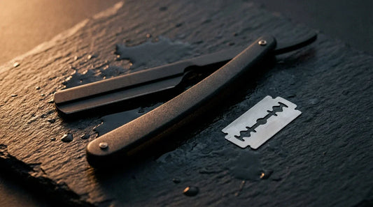 Matte black shavette straight razor with halved DE blade on dark slate