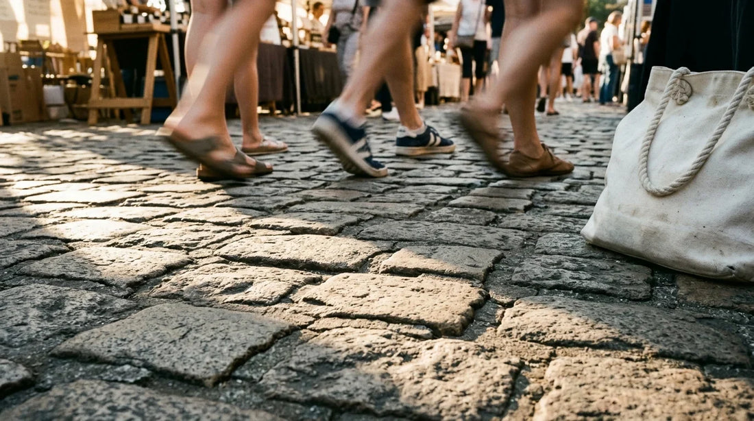 Motion-blurred feet walking over cobblestones at an outdoor artisan market in warm morning light