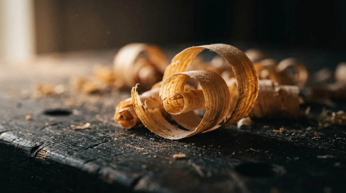 Golden timber shavings curling on a dark workshop bench in warm side light